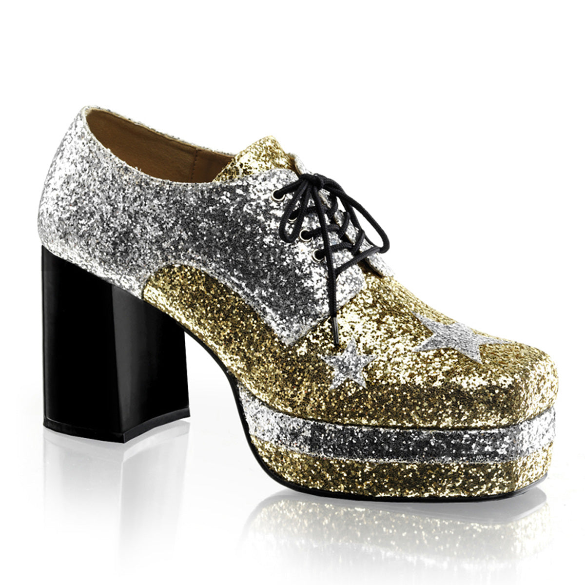3 1/2" Heel, 1 1/2" Stacked PF, Lace Up Black Glitter Oxford (Funtasma GLAM02/B/SG)