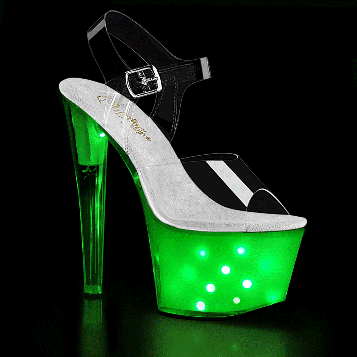 7" Heel, 2 3/4" PF LED Illuminated Ankle Strap Sandal (Pleaser ILLUMTR708/C/WGLOW)