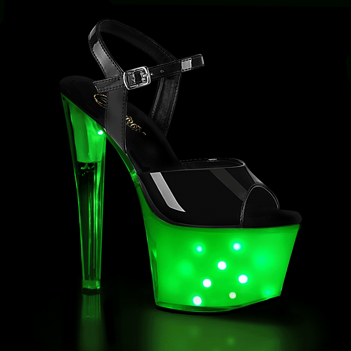 *7" Heel, 2 3/4" PF LED Illuminated Ankle Strap Sandal (Pleaser ILLUMTR709/B/WGLOW)