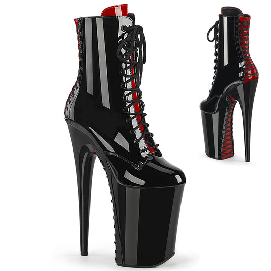 9" Heel, 5 1/4" PF Two Tone Lace-Up Ankle Boot, Side Zip (Pleaser INF1020FH/B-R/M)