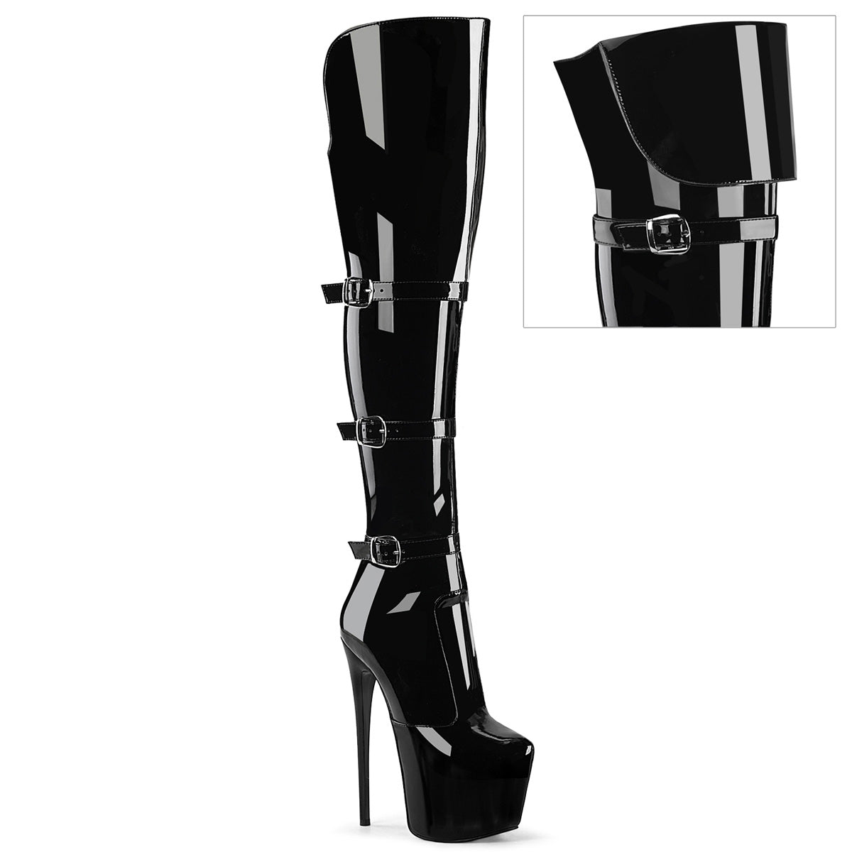 7" Heel, 3" PF Triple Buckle Strap OTK Boot, Side (Pleaser JUB3018/B)