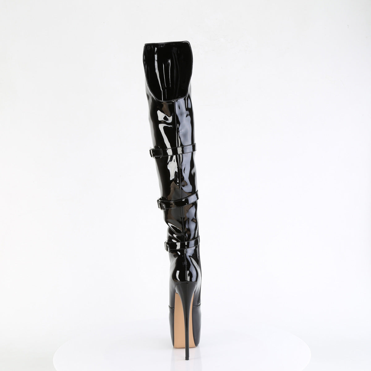 7" Heel, 3" PF Triple Buckle Strap OTK Boot, Side (Pleaser JUB3018/B)