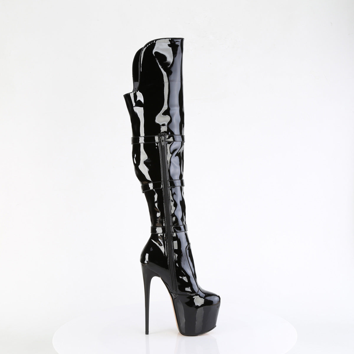 7" Heel, 3" PF Triple Buckle Strap OTK Boot, Side (Pleaser JUB3018/B)