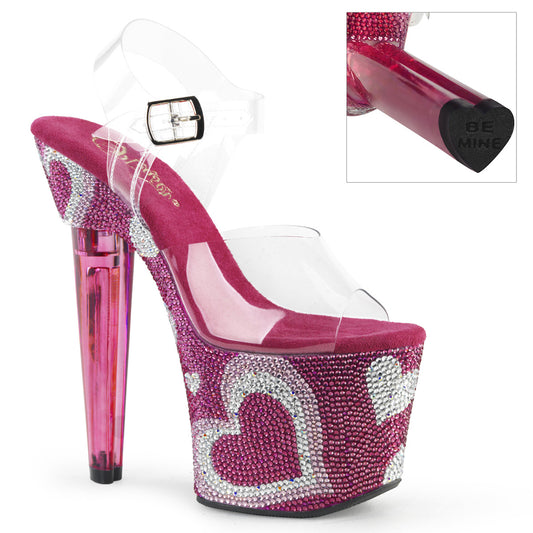 7" Heel, 3 1/4" PF Ankle Strap Sandal w/ RS Hearts (Pleaser LOVESK708HEART/C/HP)