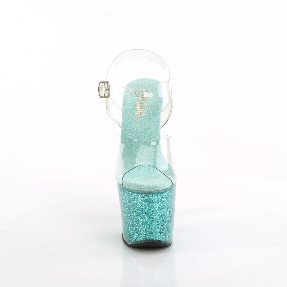 *7" Heel, 3 1/4" PF Ankle Strap Sandal w/Iridescent Glitters (Pleaser LOVESK708SG/C/AQG)