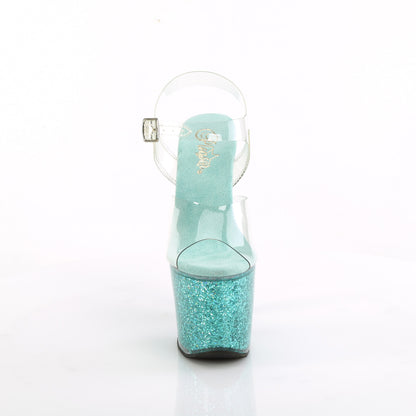 *7" Heel, 3 1/4" PF Ankle Strap Sandal w/Iridescent Glitters (Pleaser LOVESK708SG/C/AQG)