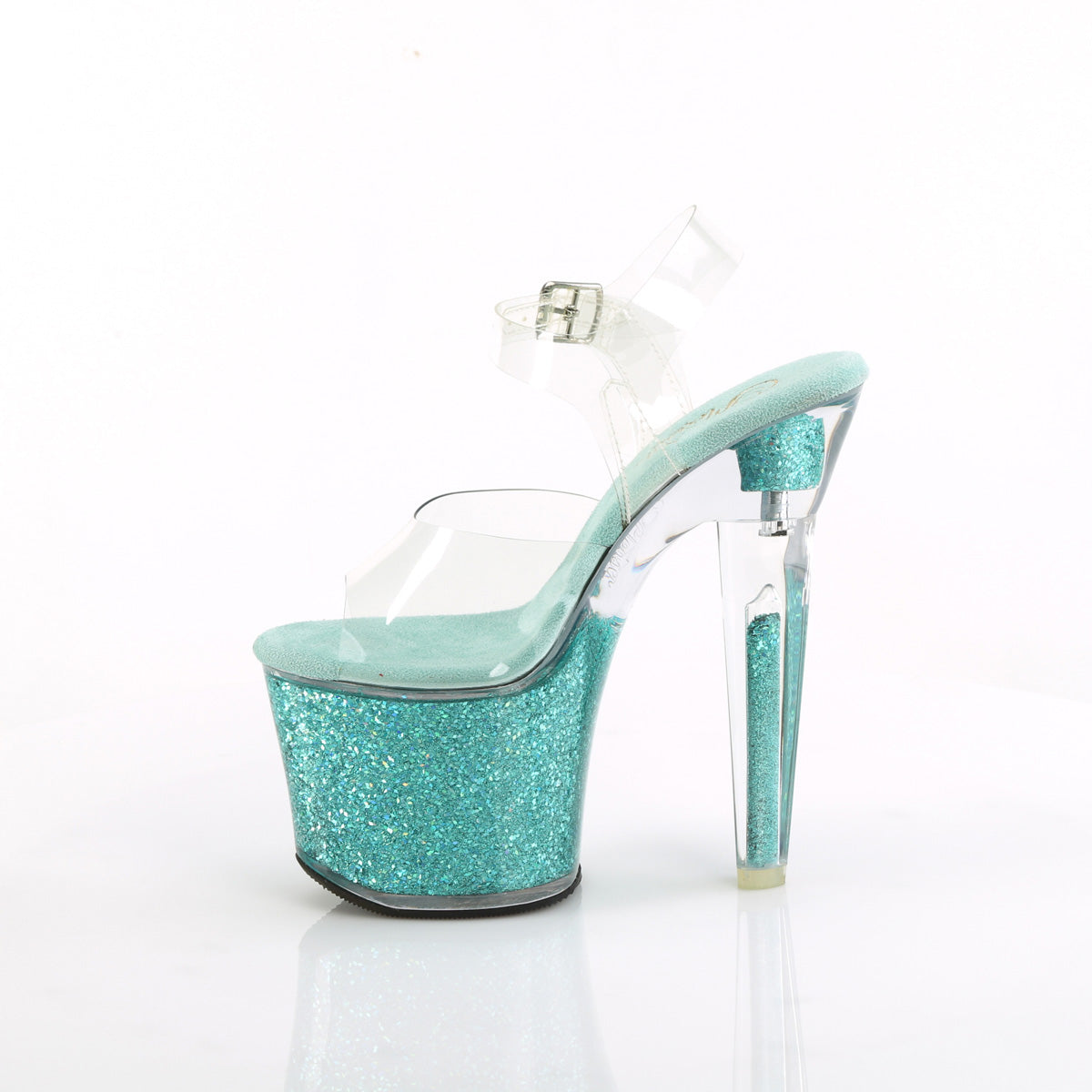 *7" Heel, 3 1/4" PF Ankle Strap Sandal w/Iridescent Glitters (Pleaser LOVESK708SG/C/AQG)