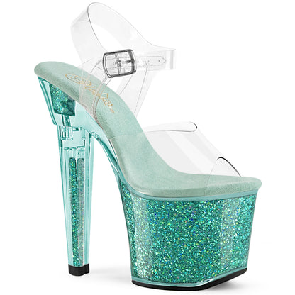 *7" Heel, 3 1/4" PF Ankle Strap Sandal w/Iridescent Glitters (Pleaser LOVESK708SG/C/AQG)