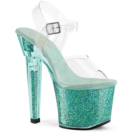 *7" Heel, 3 1/4" PF Ankle Strap Sandal w/Iridescent Glitters (Pleaser LOVESK708SG/C/AQG)