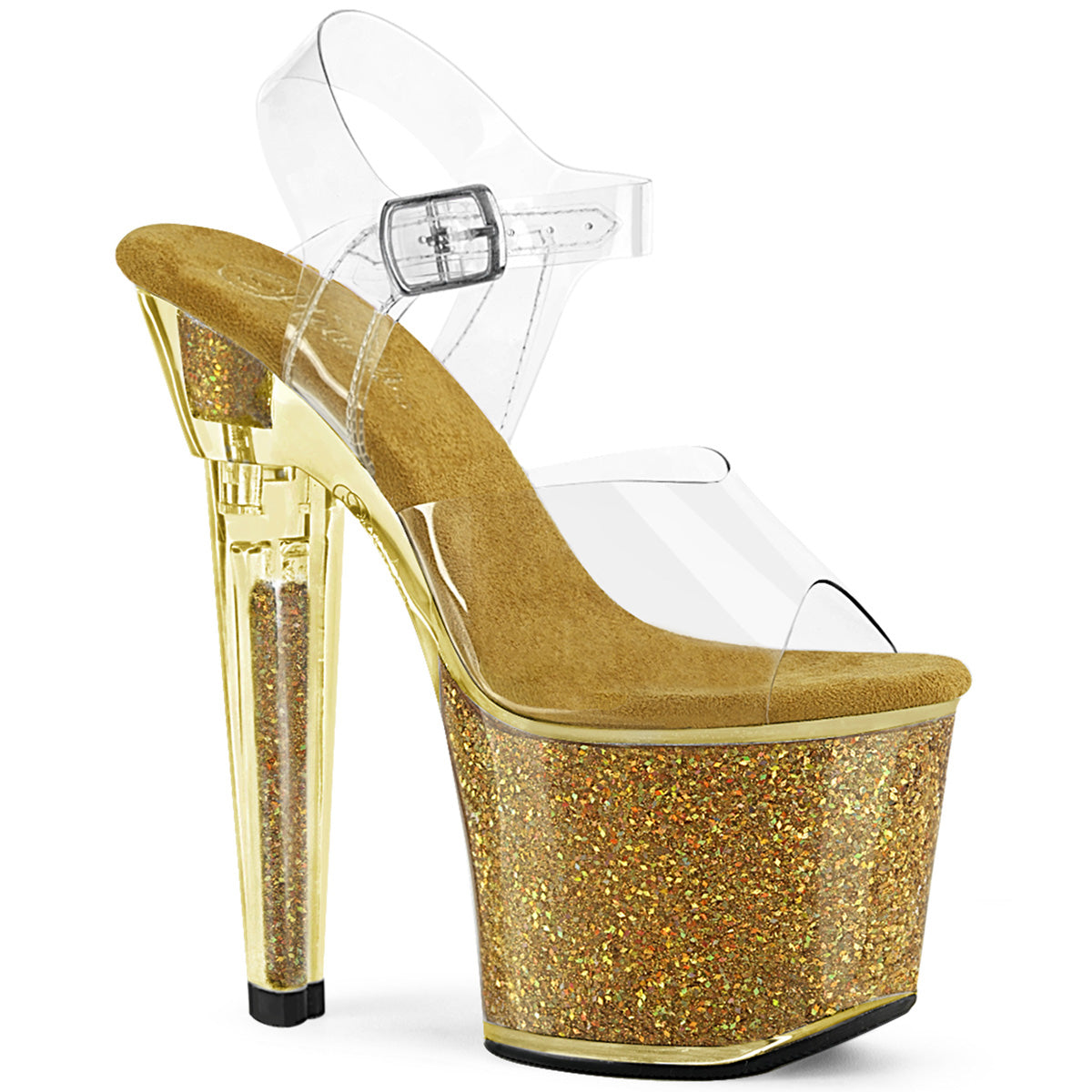 *7" Heel, 3 1/4" PF Ankle Strap Sandal w/Iridescent Glitters (Pleaser LOVESK708SG/C/AQG)