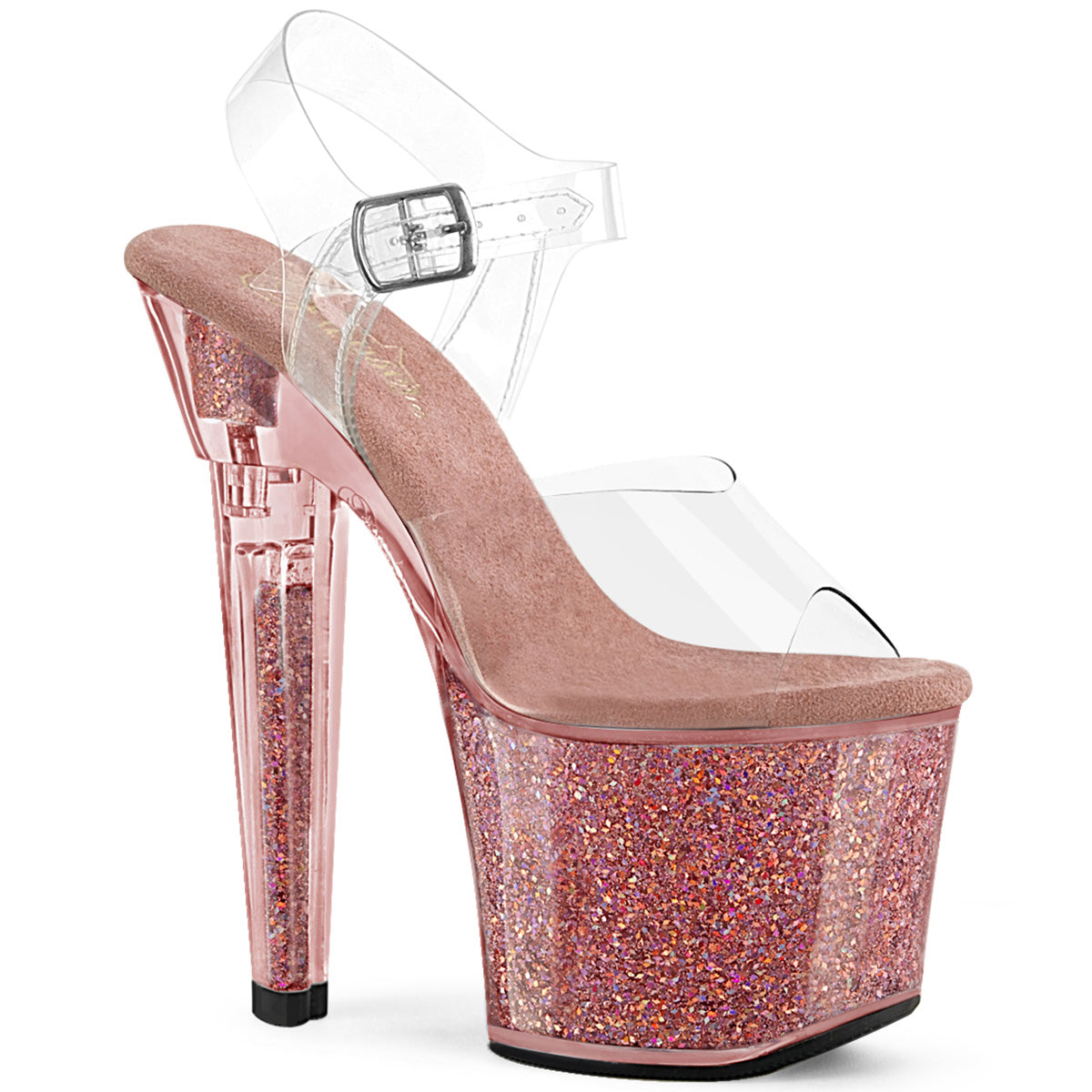 *7" Heel, 3 1/4" PF Ankle Strap Sandal w/Iridescent Glitters (Pleaser LOVESK708SG/C/AQG)