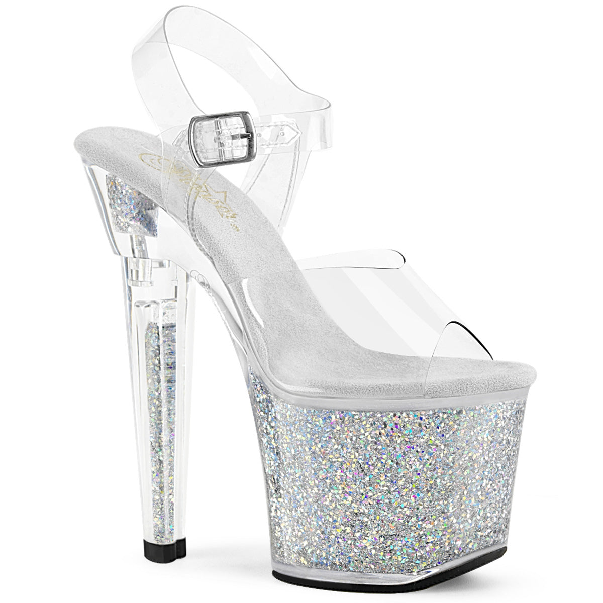 *7" Heel, 3 1/4" PF Ankle Strap Sandal w/Iridescent Glitters (Pleaser LOVESK708SG/C/AQG)