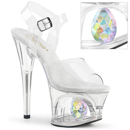 7" Heel, 2 3/4" Cut-Out PF Ankle Strap Sandal w/Prisms (Pleaser MOON708DIA/C/B)