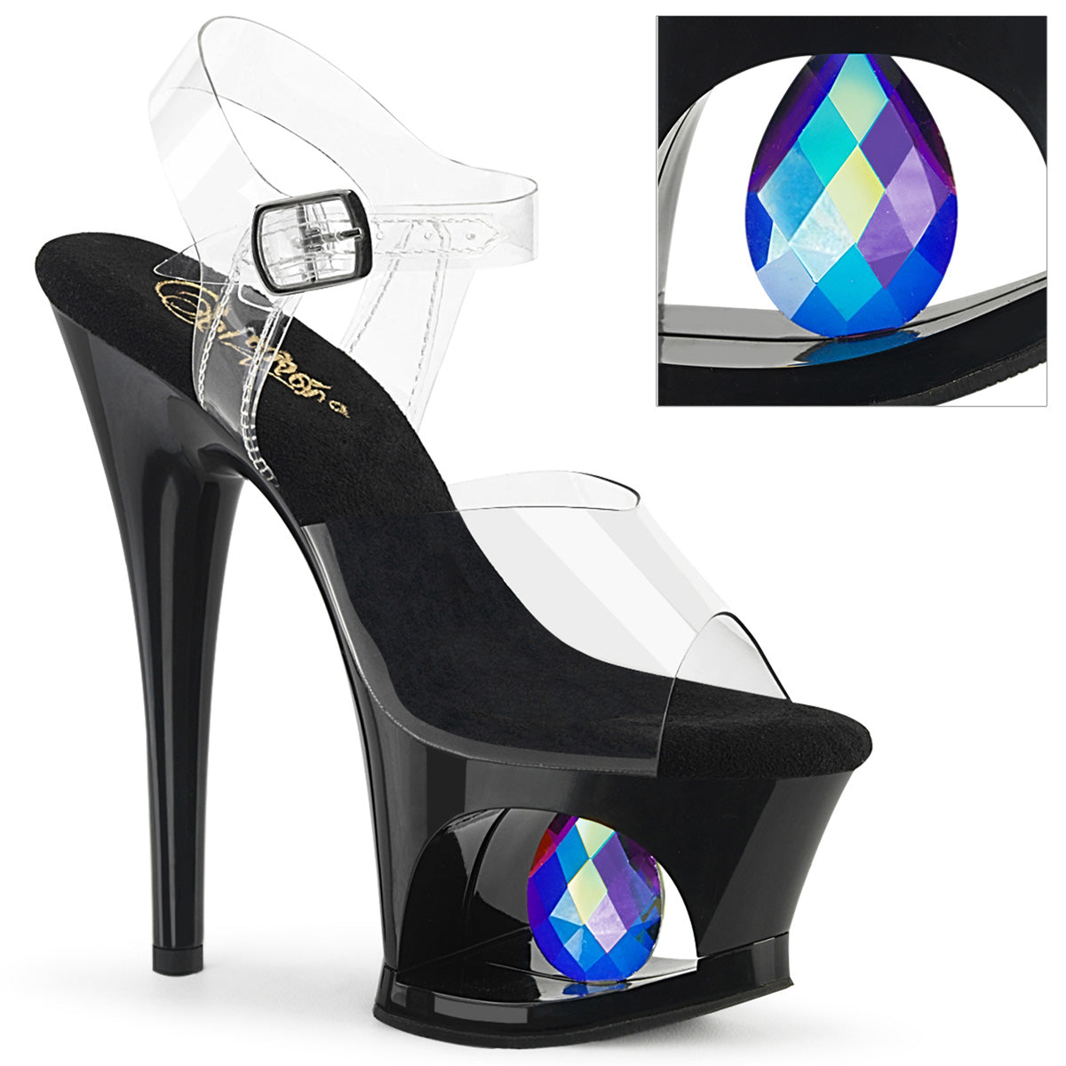 7" Heel, 2 3/4" Cut-Out PF Ankle Strap Sandal w/Prisms (Pleaser MOON708DIA/C/B)
