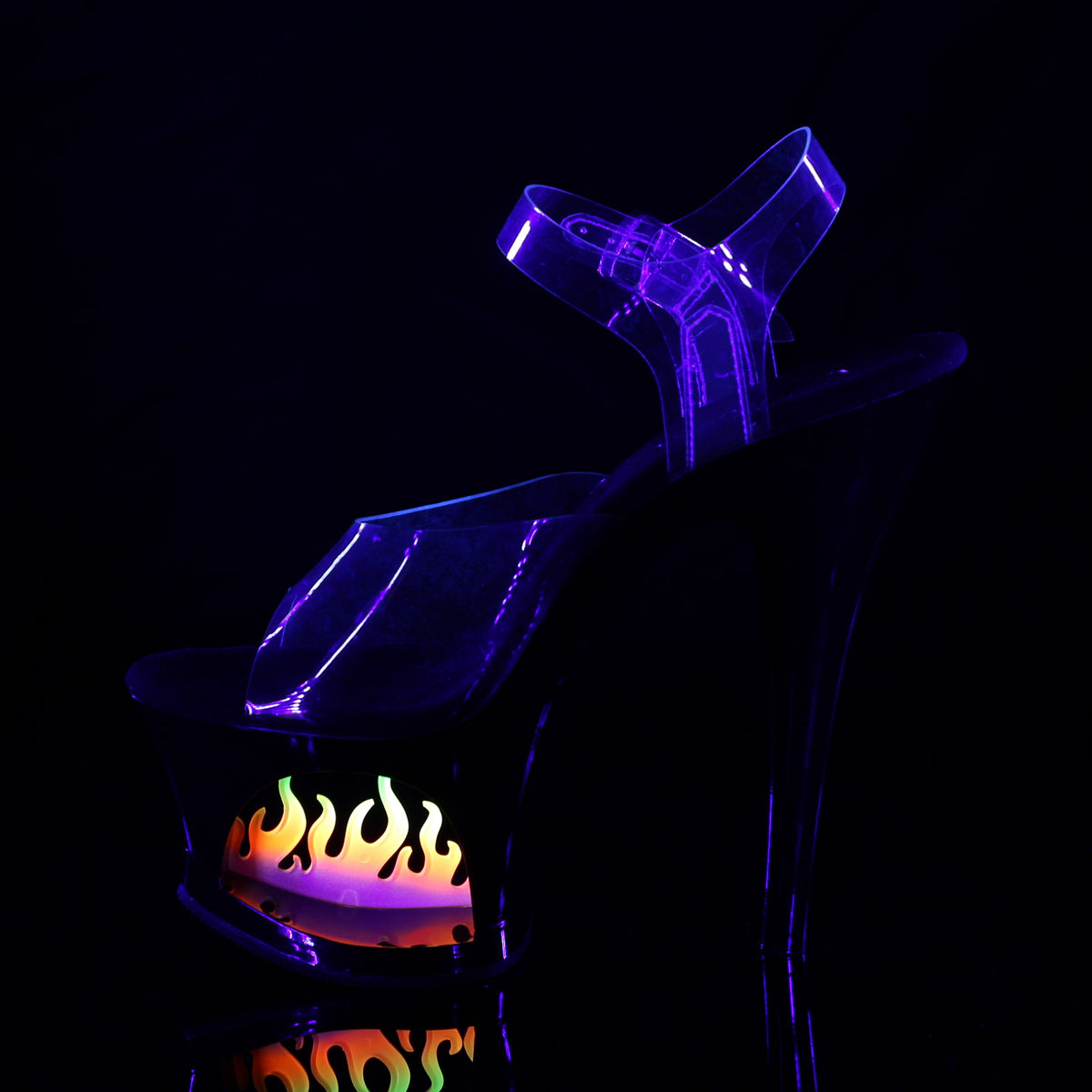 7" Heel, 2 3/4" Cut-Out PF Ankle Strap Sandal w/ Flame (Pleaser MOON708FLM/C/B)