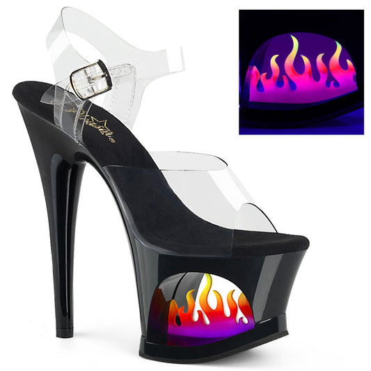 7" Heel, 2 3/4" Cut-Out PF Ankle Strap Sandal w/ Flame (Pleaser MOON708FLM/C/B)