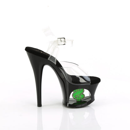 7" Heel, 2 3/4" Cut-Out PF Ankle Strap Sandal w/Money Sign (Pleaser MOON708USD/C/B-NGN)