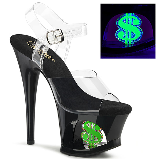 7" Heel, 2 3/4" Cut-Out PF Ankle Strap Sandal w/Money Sign (Pleaser MOON708USD/C/B-NGN)