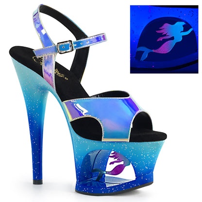 7" Heel, 2 3/4" Cut-Out PF Ankle Strap Sandal w/ Mermaid (Pleaser MOON711MER/BLU/M)