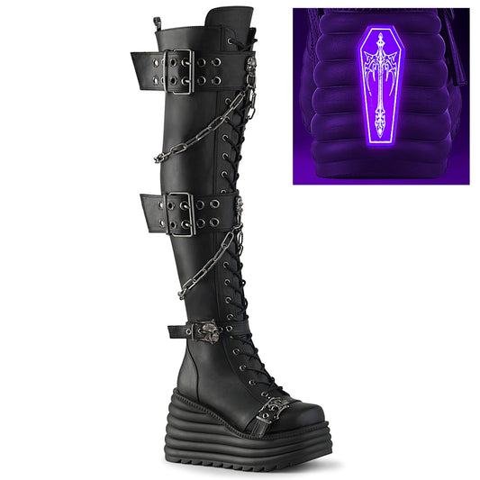 4 1/2" Platform Lace-Up Thigh-High Boot, Inside Zip (Demonia MOR312/BVL)