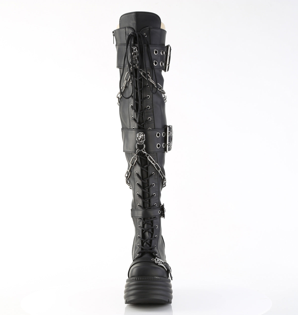 4 1/2" Platform Lace-Up Thigh-High Boot, Inside Zip (Demonia MOR312/BVL)