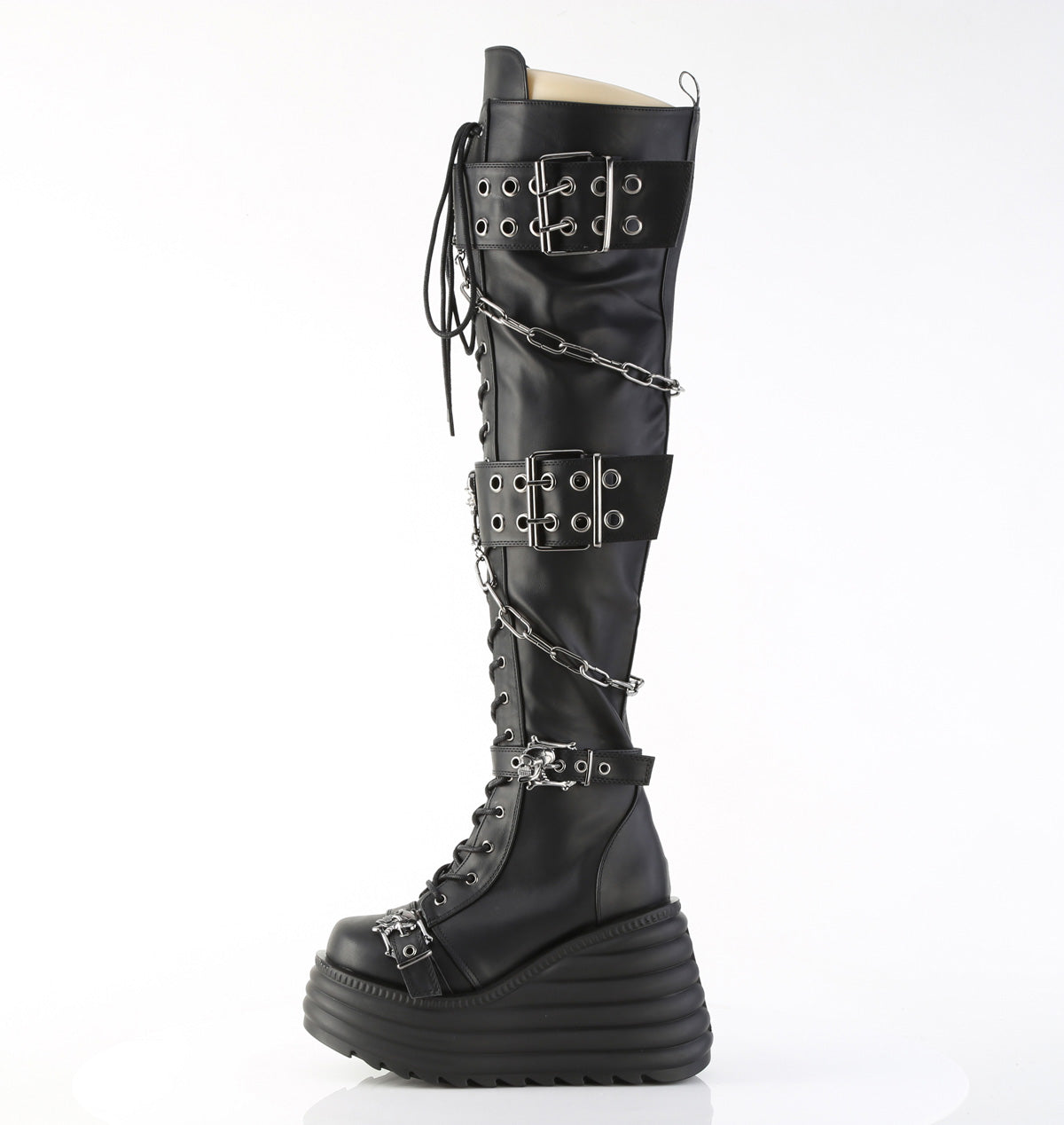 4 1/2" Platform Lace-Up Thigh-High Boot, Inside Zip (Demonia MOR312/BVL)
