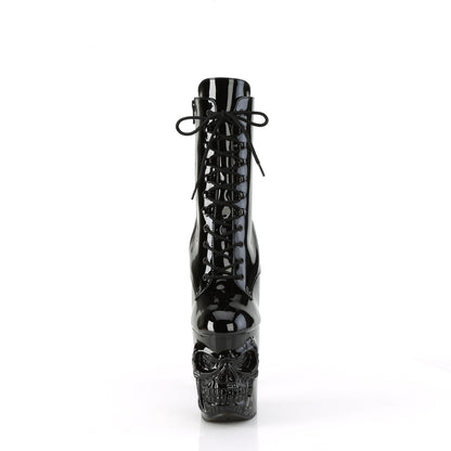 8" Finger Bone Heel, 4" Skull PF Ankle Boot, Inside Zip (Pleaser RAPT1020/B/M)