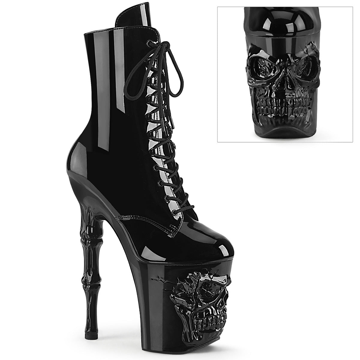 8" Finger Bone Heel, 4" Skull PF Ankle Boot, Inside Zip (Pleaser RAPT1020/B/M)