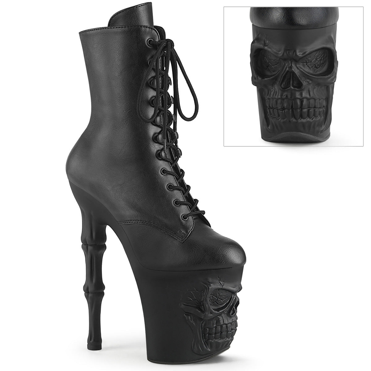 8" Finger Bone Heel, 4" Skull PF Ankle Boot, Inside Zip (Pleaser RAPT1020/B/M)