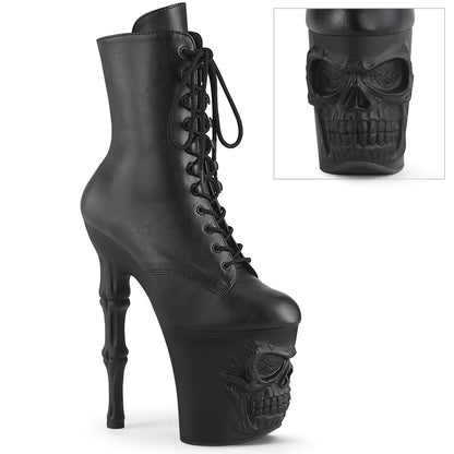 8" Finger Bone Heel, 4" Skull PF Ankle Boot, Inside Zip (Pleaser RAPT1020/B/M)