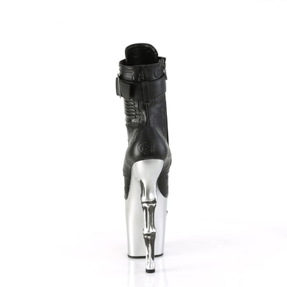 8" Finger Bone Heel, 4" Skull PF Ankle Boot, Inside Zip (Pleaser RAPT1020STR-02/BPU/S)