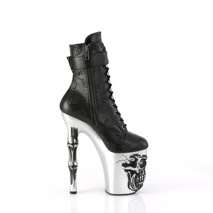 8" Finger Bone Heel, 4" Skull PF Ankle Boot, Inside Zip (Pleaser RAPT1020STR-02/BPU/S)