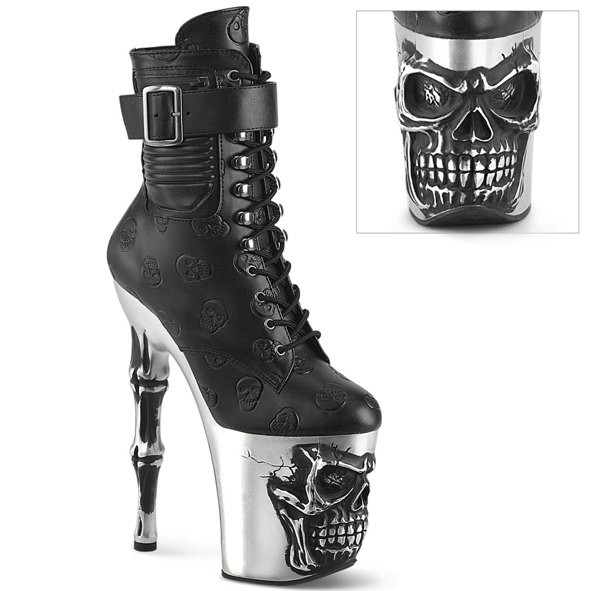 8" Finger Bone Heel, 4" Skull PF Ankle Boot, Inside Zip (Pleaser RAPT1020STR-02/BPU/S)