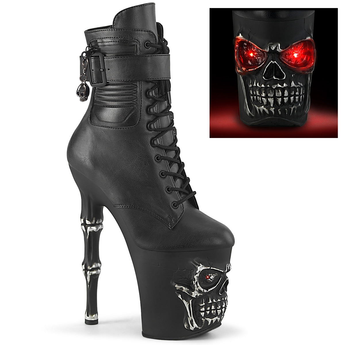 8" Finger Bone Heel, 4" Skull PF LED Ankle Boot, Side Zip (Pleaser RAPT1020STR-LT/BPU/M)