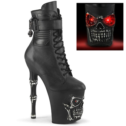 8" Finger Bone Heel, 4" Skull PF LED Ankle Boot, Side Zip (Pleaser RAPT1020STR-LT/BPU/M)