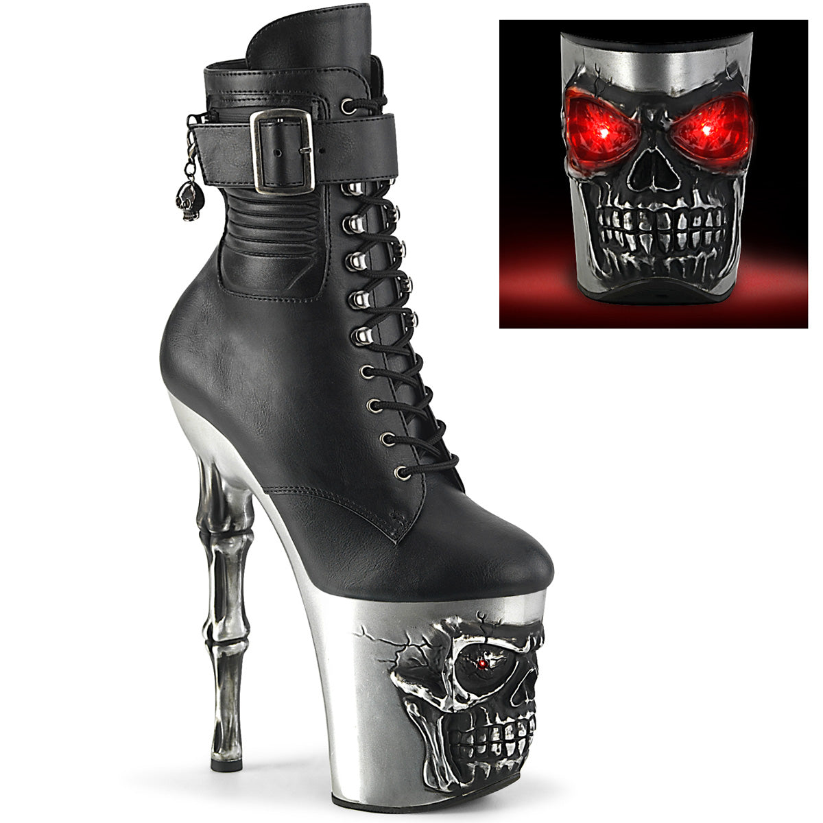 8" Finger Bone Heel, 4" Skull PF LED Ankle Boot, Side Zip (Pleaser RAPT1020STR-LT/BPU/M)
