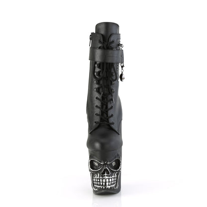 8" Finger Bone Heel, 4" Skull PF LED Ankle Boot, Side Zip (Pleaser RAPT1020STR-LT/BPU/M)