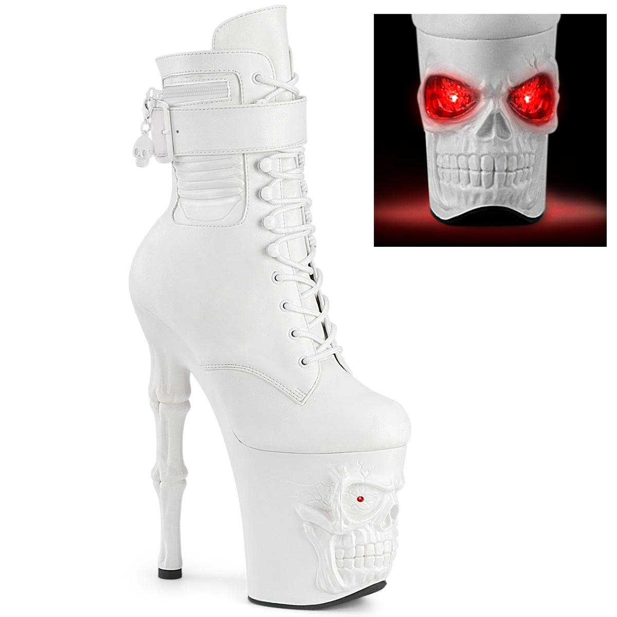 8" Finger Bone Heel, 4" Skull PF LED Ankle Boot, Side Zip (Pleaser RAPT1020STR-LT/BPU/M)