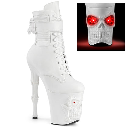 8" Finger Bone Heel, 4" Skull PF LED Ankle Boot, Side Zip (Pleaser RAPT1020STR-LT/BPU/M)