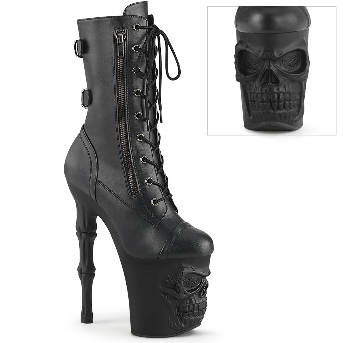 *8" Finger Bone Heel, 4" Skull PF Mid Calf Boot, Inside Zip (Pleaser RAPT1047/BPU/M)