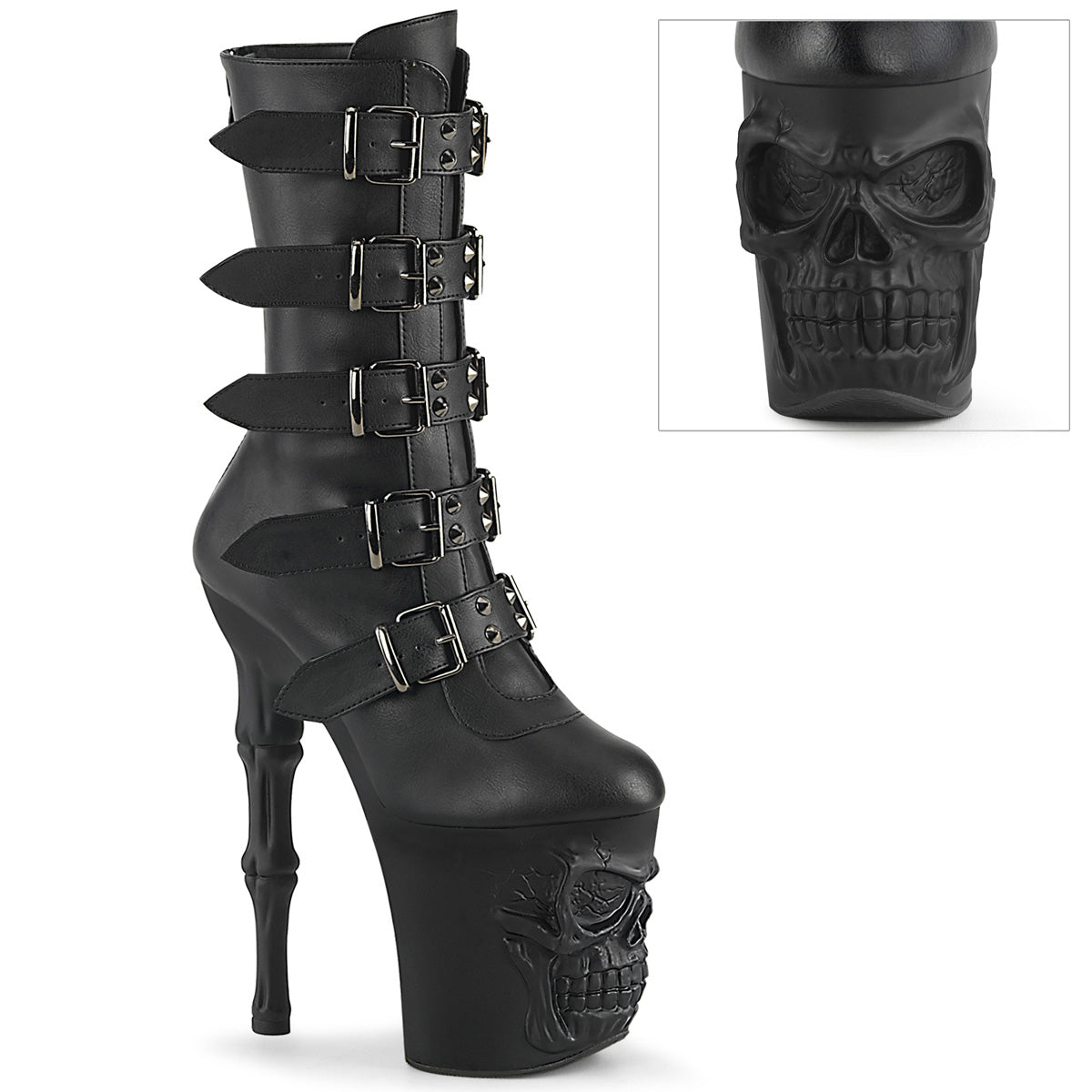 *8" Finger Bone Heel, 4" Skull PF Mid Calf Boot, Inside Zip (Pleaser RAPT1052BK/BPU/M)