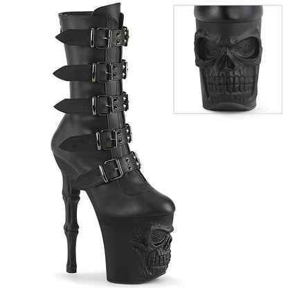 *8" Finger Bone Heel, 4" Skull PF Mid Calf Boot, Inside Zip (Pleaser RAPT1052BK/BPU/M)