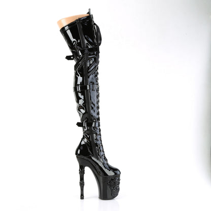 8" Finger Bone Heel, 4" Skull PF Thigh Boot, Inside Zip (Pleaser RAPT3028/B/M)