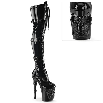 8" Finger Bone Heel, 4" Skull PF Thigh Boot, Inside Zip (Pleaser RAPT3028/B/M)