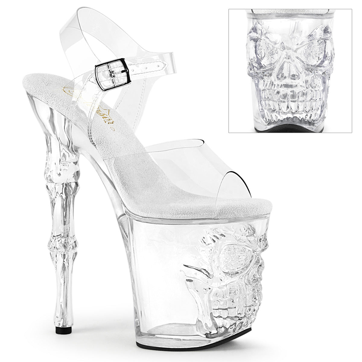 8" Finger Bone Heel, 4" Skull PF Ankle Strap Sandal (Pleaser RAPT808/C/B)
