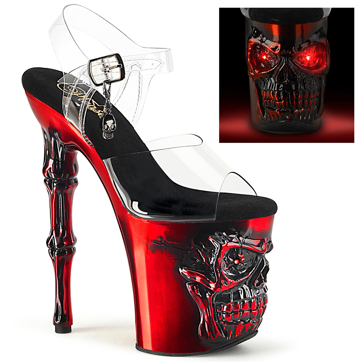 *8" Finger Bone Heel, 4" Skull PF LED Ankle Strap Sandal (Pleaser RAPT808-LT/C/BASCH)
