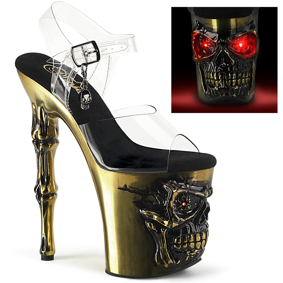 *8" Finger Bone Heel, 4" Skull PF LED Ankle Strap Sandal (Pleaser RAPT808-LT/C/BASCH)