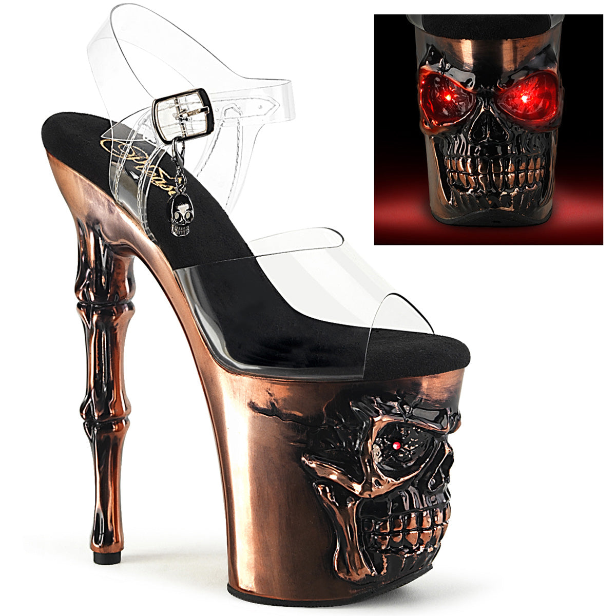 *8" Finger Bone Heel, 4" Skull PF LED Ankle Strap Sandal (Pleaser RAPT808-LT/C/BASCH)