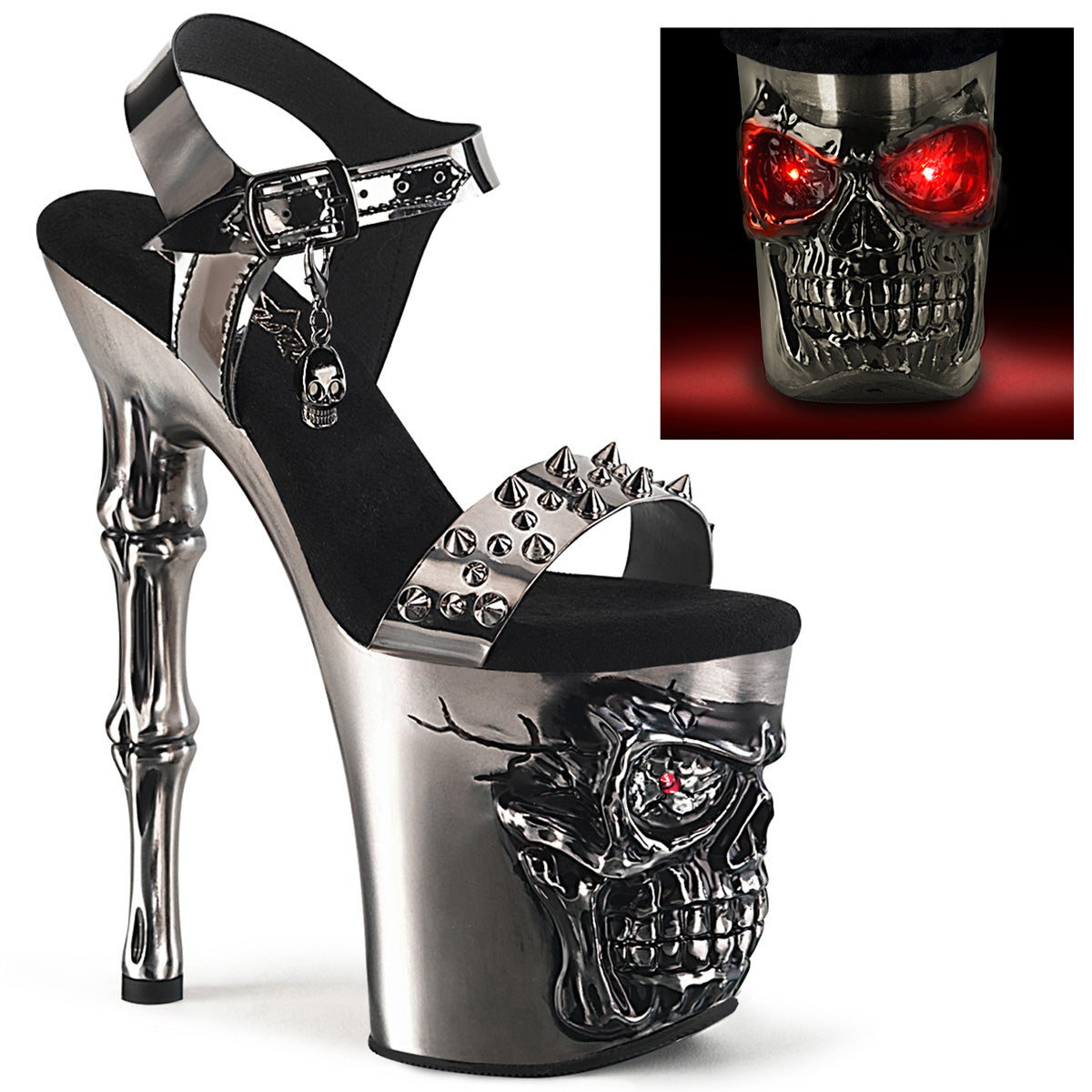 8" Finger Bone Heel, 4" Skull PF LED Ankle Strap Sandal (Pleaser RAPT812-LT/PWTPU/M)