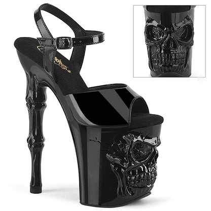 8" Finger Bone Heel, 4" Skull PF Ankle Strap Sandal (Pleaser RAPT809/B/M)